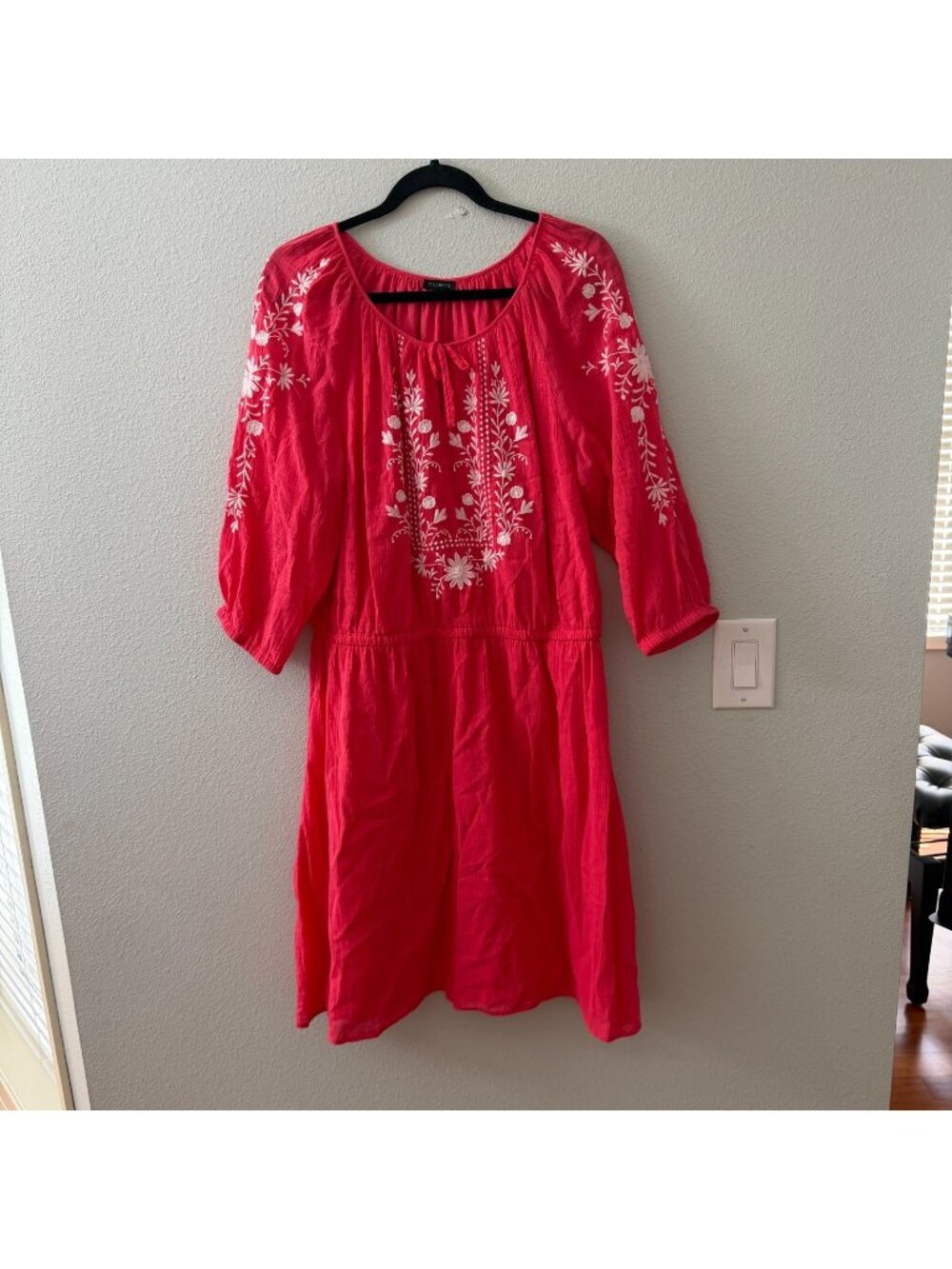 Talbots Cotton Gauze Coral Embroidered Dress Womens XL 3/4 Sleeves